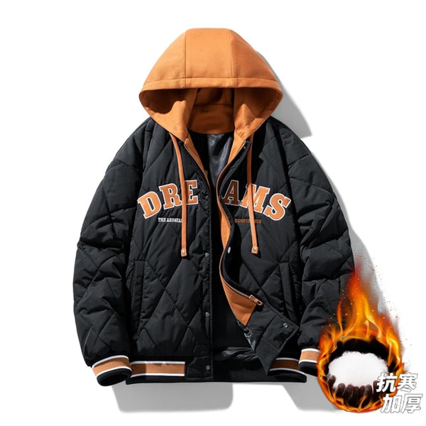 Men Winter Fake Two-Piece Hooded Baseball Clothes Jacket Unisex Lightweight Parkas Thick Warm Oversize Cotton-Padded Windbreaker